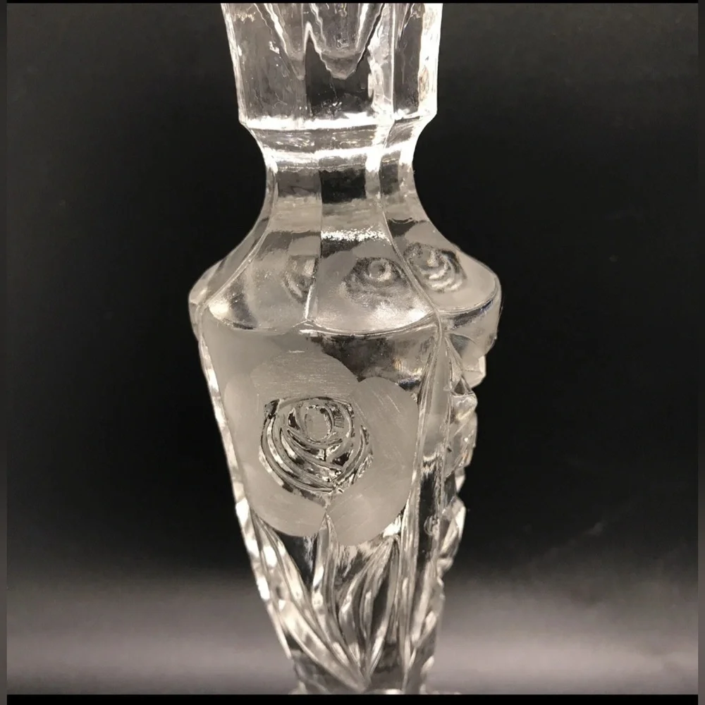 Pair of Queen’s Award Frosted Rose Cut  Lead Crystal Candlesticks By L.  Silver